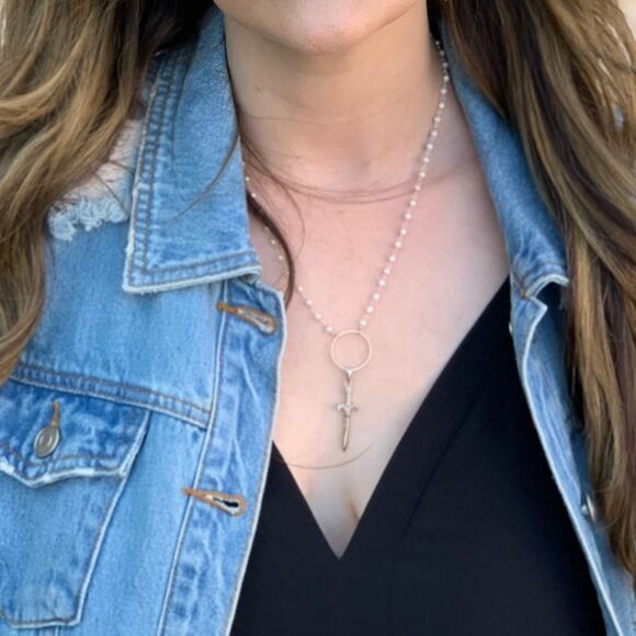 Sterling silver pearl necklace with rosary style Excalibur Sword Pendant - Picture 2 of 2